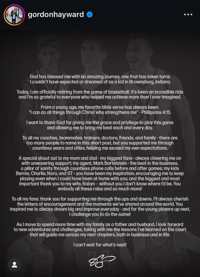 百家乐-戈登·海沃德宣布退役，14载NBA生涯有荣誉更多遗憾